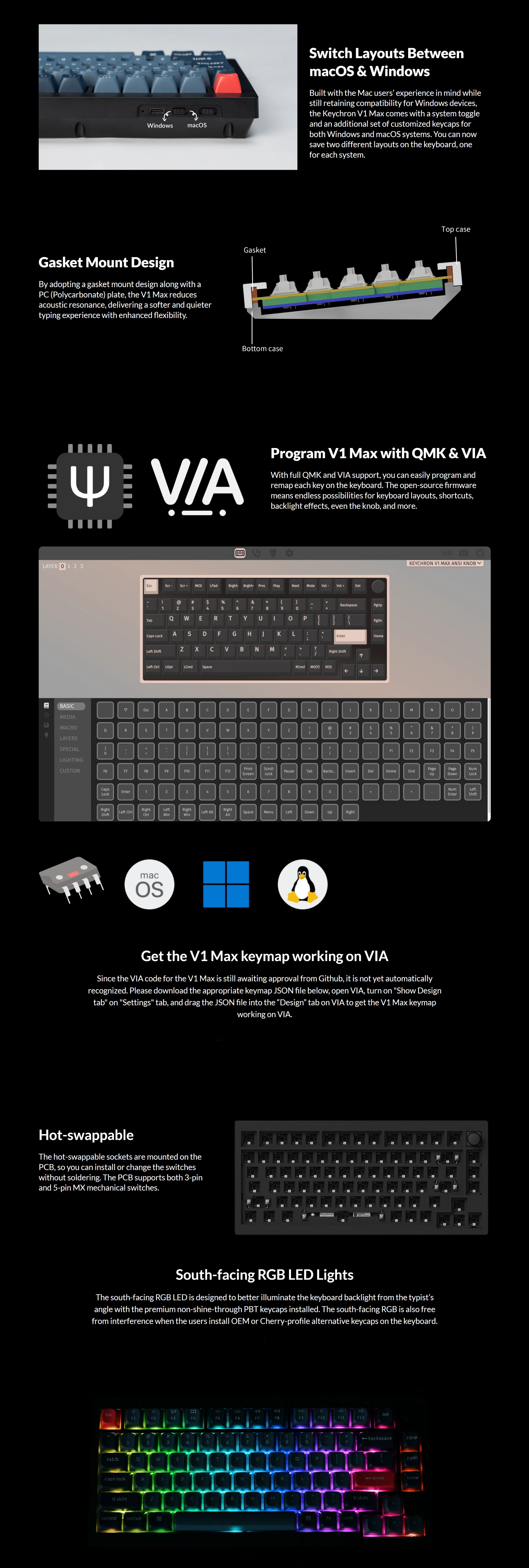 A large marketing image providing additional information about the product Keychron V1 Max - 75% QMK/VIA Wireless Custom Mechanical Keyboard - Black (Silent K Pro Switch) - Additional alt info not provided